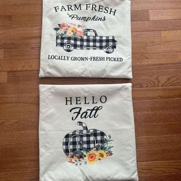 2 decorative toss pillow covers Fall Pumpkin Farm truck Thanksgiving Holiday - Picture 1 of 5